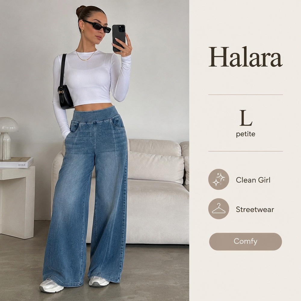 Halara Flex Wide Leg Pants Women L Petite Blue Solid Relaxed Stretch Denim Jeans